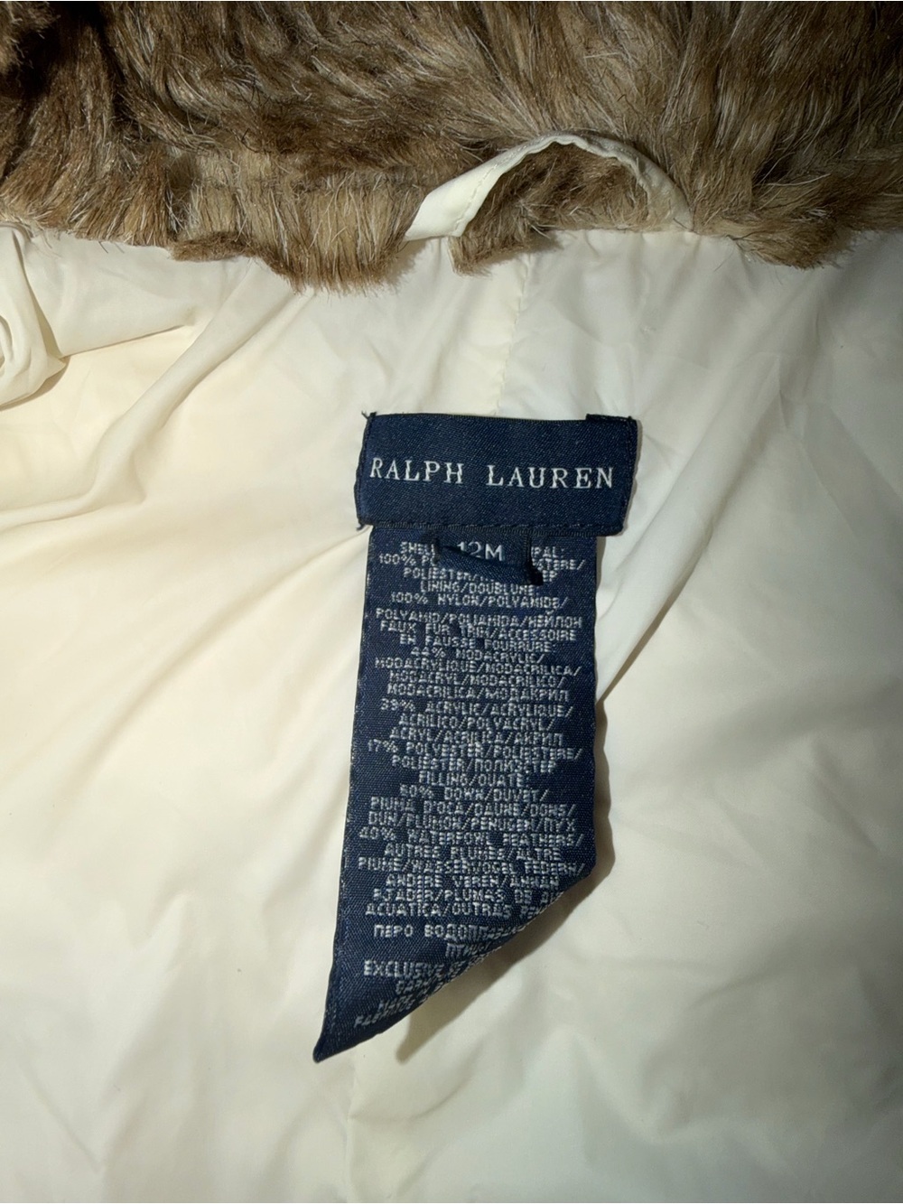 Ralph Lauren Cream Puffer Coat with Faux Fur Trim